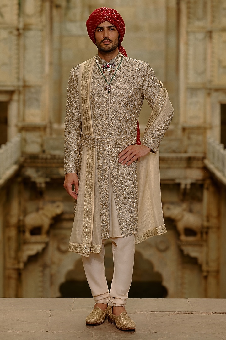 Gold Brocade & Tissue Dabka Embroidered Sherwani Set by NITIKA GUJRAL MEN