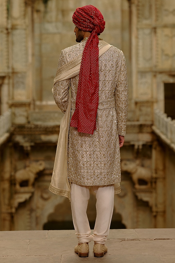 Gold Brocade & Tissue Dabka Embroidered Groom Sherwani Set by NITIKA GUJRAL MEN at Pernia's Pop Up Shop