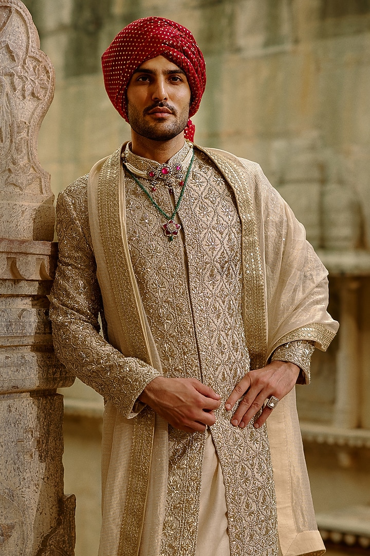 Gold Brocade & Tissue Dabka Embroidered Groom Sherwani Set by NITIKA GUJRAL MEN at Pernia's Pop Up Shop