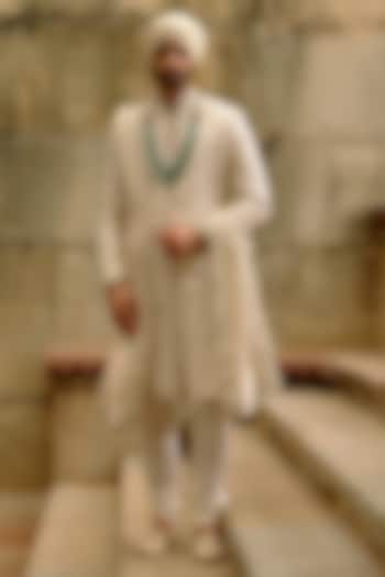 Ivory Brocade Dabka Embroidered Groom Sherwani Set by NITIKA GUJRAL MEN at Pernia's Pop Up Shop