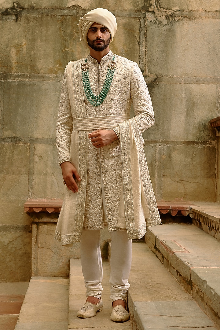 Ivory Brocade Dabka Embroidered Groom Sherwani Set by NITIKA GUJRAL MEN at Pernia's Pop Up Shop