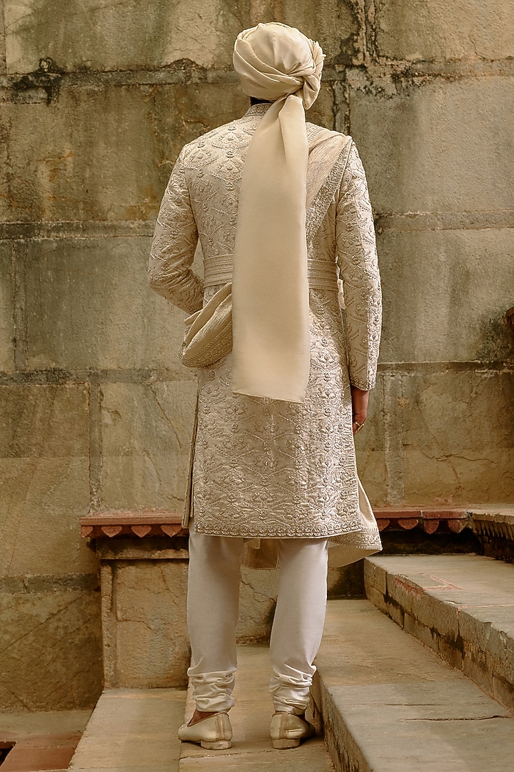 Ivory Brocade Dabka Embroidered Groom Sherwani Set by NITIKA GUJRAL MEN at Pernia's Pop Up Shop