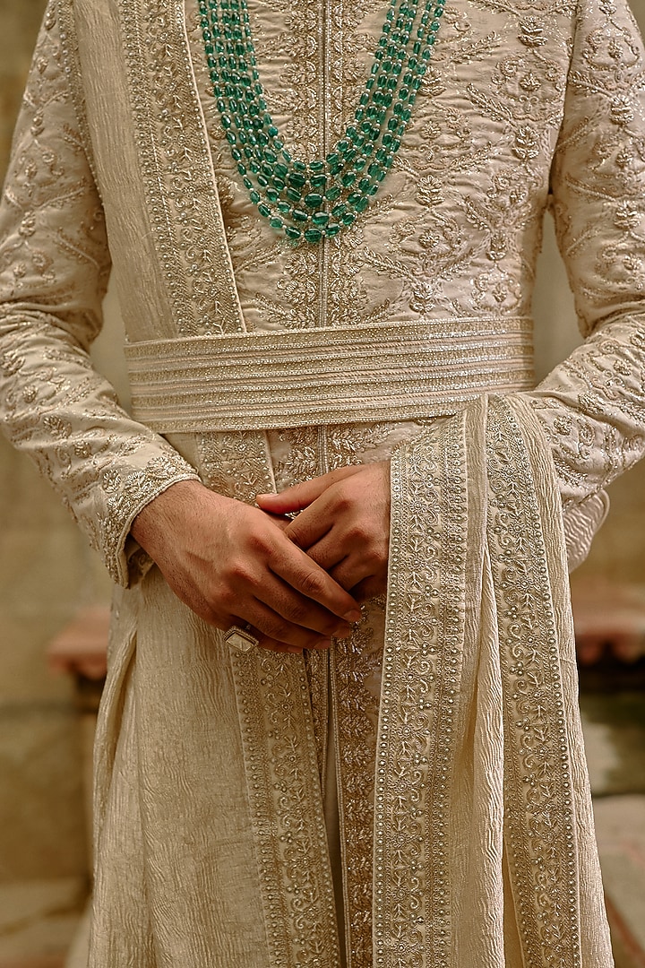 Ivory Brocade Dabka Embroidered Groom Sherwani Set by NITIKA GUJRAL MEN at Pernia's Pop Up Shop