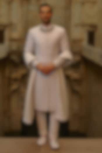 Light Grey Raw Silk Dabka Embroidered Groom Sherwani Set by NITIKA GUJRAL MEN at Pernia's Pop Up Shop