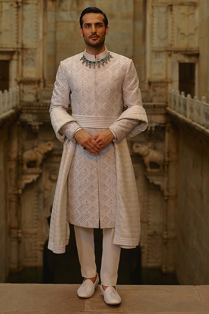 Light Grey Raw Silk Dabka Embroidered Groom Sherwani Set by NITIKA GUJRAL MEN at Pernia's Pop Up Shop