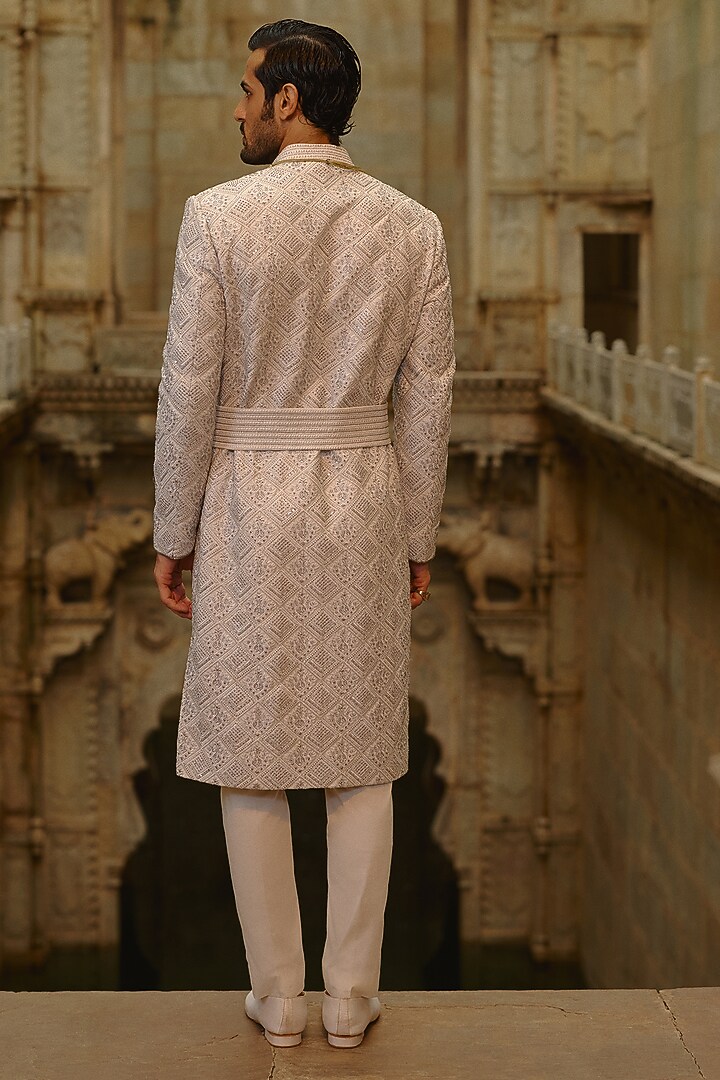 Light Grey Raw Silk Dabka Embroidered Groom Sherwani Set by NITIKA GUJRAL MEN at Pernia's Pop Up Shop