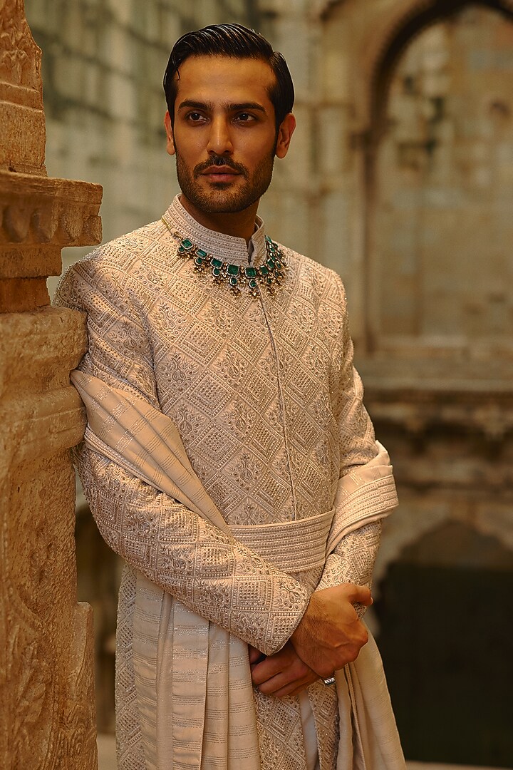Light Grey Raw Silk Dabka Embroidered Groom Sherwani Set by NITIKA GUJRAL MEN at Pernia's Pop Up Shop