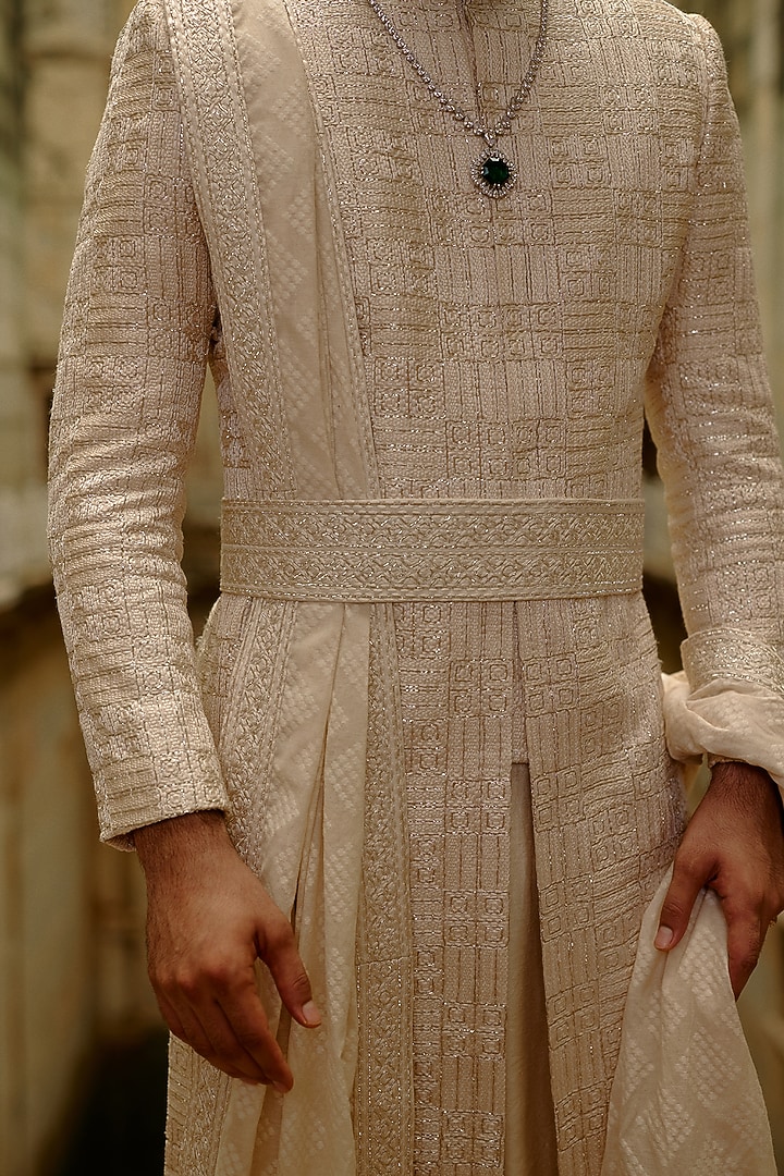 Beige Raw Silk Resham Embroidered Groom Sherwani Set by NITIKA GUJRAL MEN at Pernia's Pop Up Shop