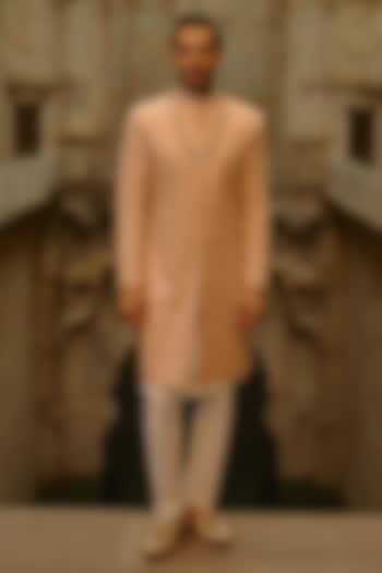 Peach Raw Silk Cutdana Embroidered Sherwani Set by NITIKA GUJRAL MEN