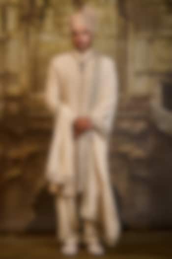 Light Beige Raw Silk & Cotton Silk Cutdana Embroidered Sherwani Set by NITIKA GUJRAL MEN