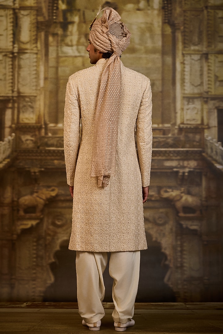 Light Beige Raw Silk & Cotton Silk Cutdana Embroidered Groom Sherwani Set by NITIKA GUJRAL MEN at Pernia's Pop Up Shop
