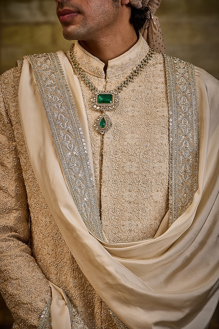 Light Beige Raw Silk & Cotton Silk Cutdana Embroidered Groom Sherwani Set by NITIKA GUJRAL MEN at Pernia's Pop Up Shop