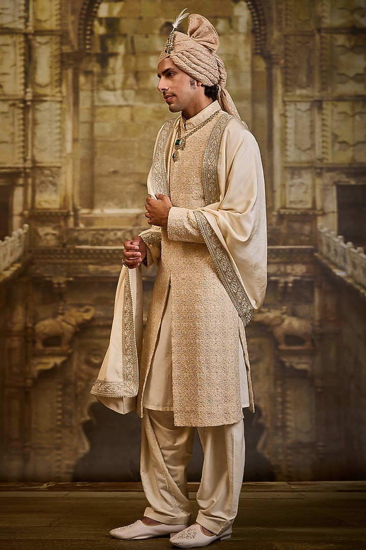 Light Beige Raw Silk & Cotton Silk Cutdana Embroidered Groom Sherwani Set by NITIKA GUJRAL MEN at Pernia's Pop Up Shop