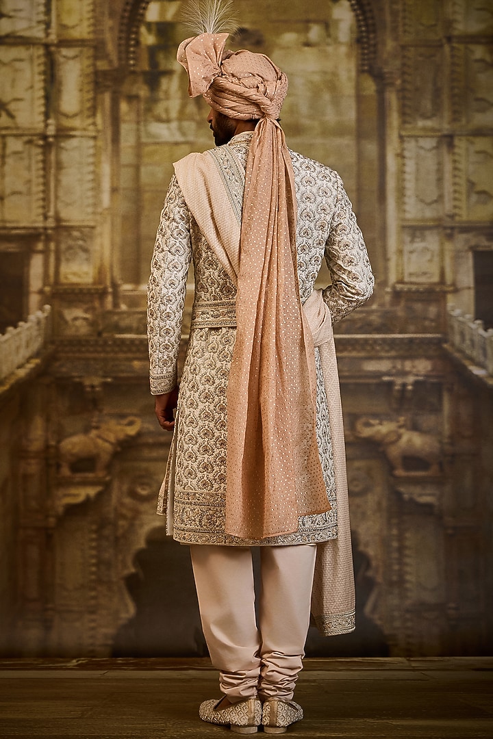 Ivory Taffeta Silk Dabka Embroidered Groom Sherwani Set by NITIKA GUJRAL MEN at Pernia's Pop Up Shop