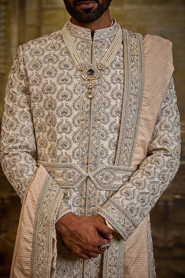Ivory Taffeta Silk Dabka Embroidered Groom Sherwani Set by NITIKA GUJRAL MEN at Pernia's Pop Up Shop