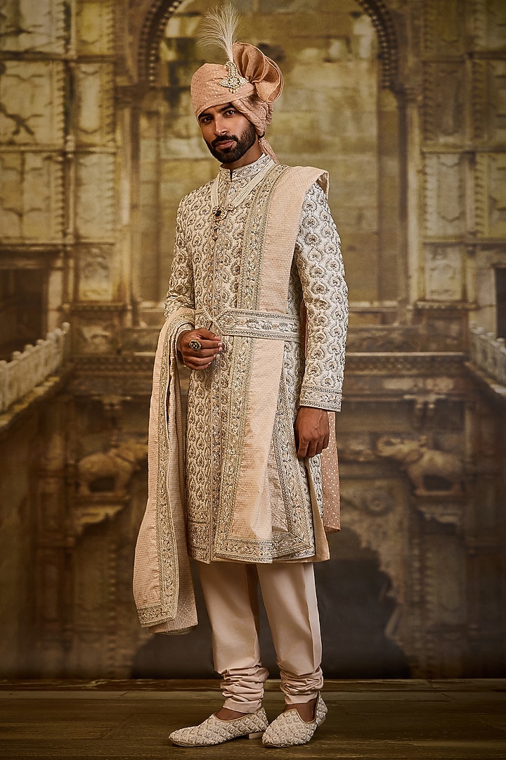 Ivory Taffeta Silk Dabka Embroidered Groom Sherwani Set by NITIKA GUJRAL MEN at Pernia's Pop Up Shop