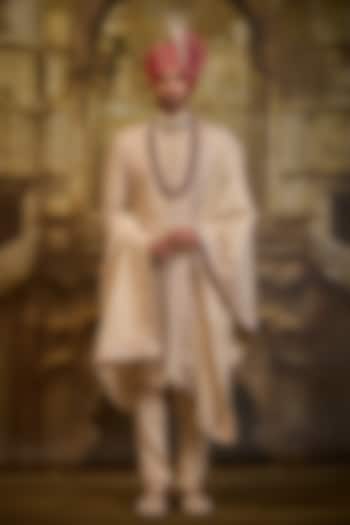 Ivory Taffeta Silk Dabka Embroidered Sherwani Set by NITIKA GUJRAL MEN