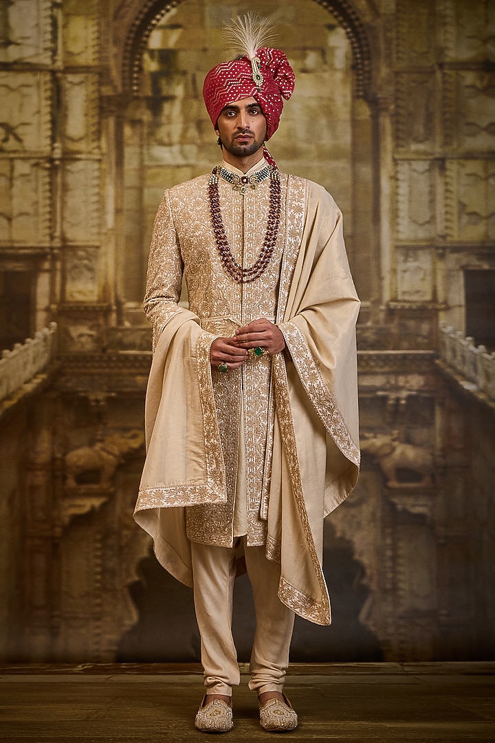 Ivory Taffeta Silk Dabka Embroidered Sherwani Set by NITIKA GUJRAL MEN