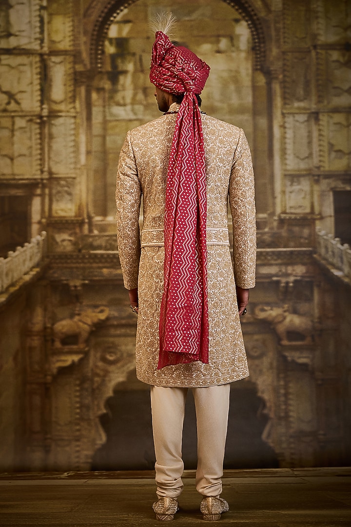 Ivory Taffeta Silk Dabka Embroidered Groom Sherwani Set by NITIKA GUJRAL MEN at Pernia's Pop Up Shop