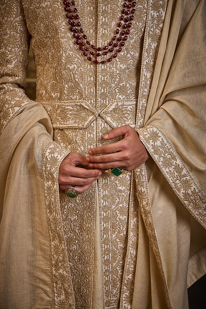 Ivory Taffeta Silk Dabka Embroidered Groom Sherwani Set by NITIKA GUJRAL MEN at Pernia's Pop Up Shop