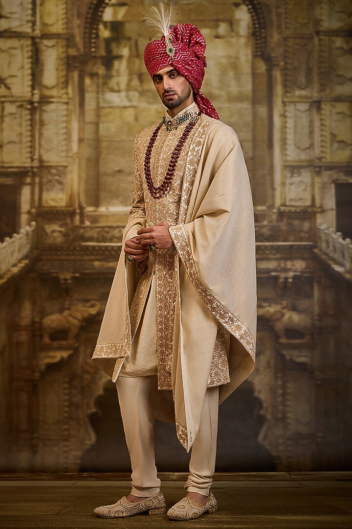 Ivory Taffeta Silk Dabka Embroidered Groom Sherwani Set by NITIKA GUJRAL MEN at Pernia's Pop Up Shop