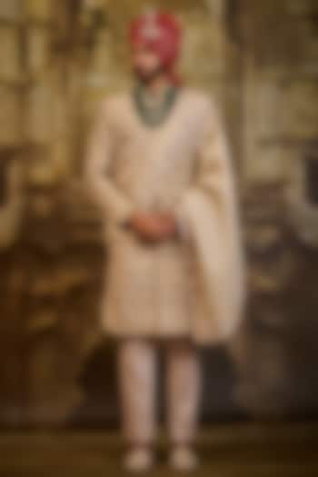 Blush Raw Silk Dabka Embroidered Sherwani Set by NITIKA GUJRAL MEN