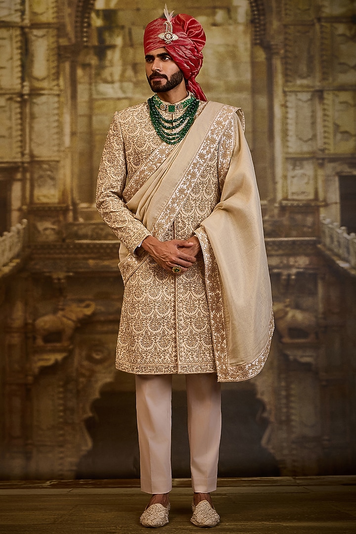 Blush Raw Silk Dabka Embroidered Sherwani Set by NITIKA GUJRAL MEN