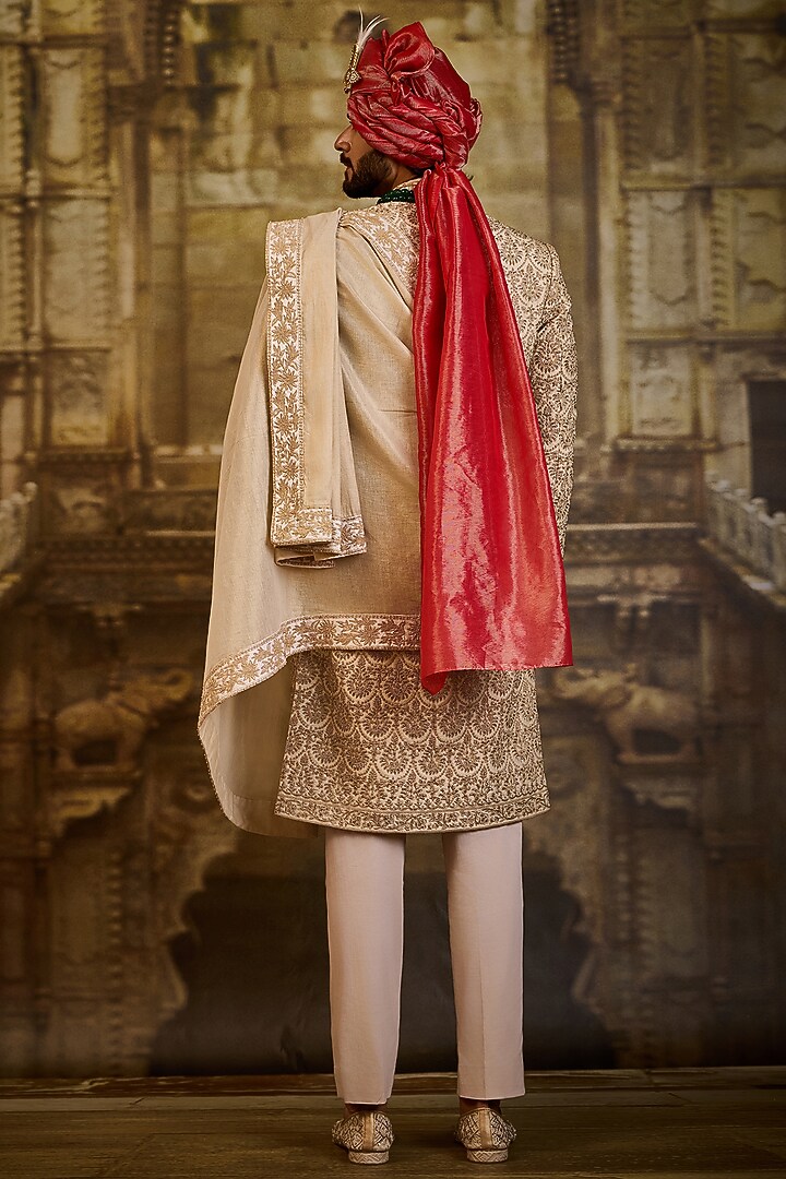 Blush Raw Silk Dabka Embroidered Groom Sherwani Set by NITIKA GUJRAL MEN at Pernia's Pop Up Shop
