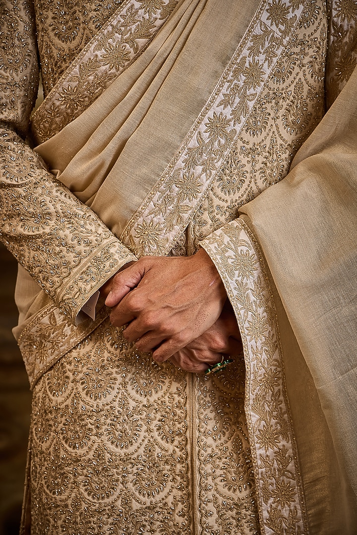Blush Raw Silk Dabka Embroidered Groom Sherwani Set by NITIKA GUJRAL MEN at Pernia's Pop Up Shop
