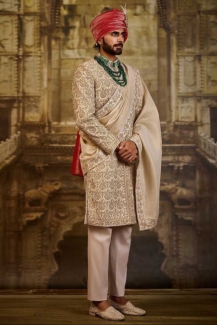 Blush Raw Silk Dabka Embroidered Groom Sherwani Set by NITIKA GUJRAL MEN at Pernia's Pop Up Shop