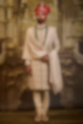 Light Beige Banarasi Silk Brocade Dabka Embroidered Sherwani Set by NITIKA GUJRAL MEN