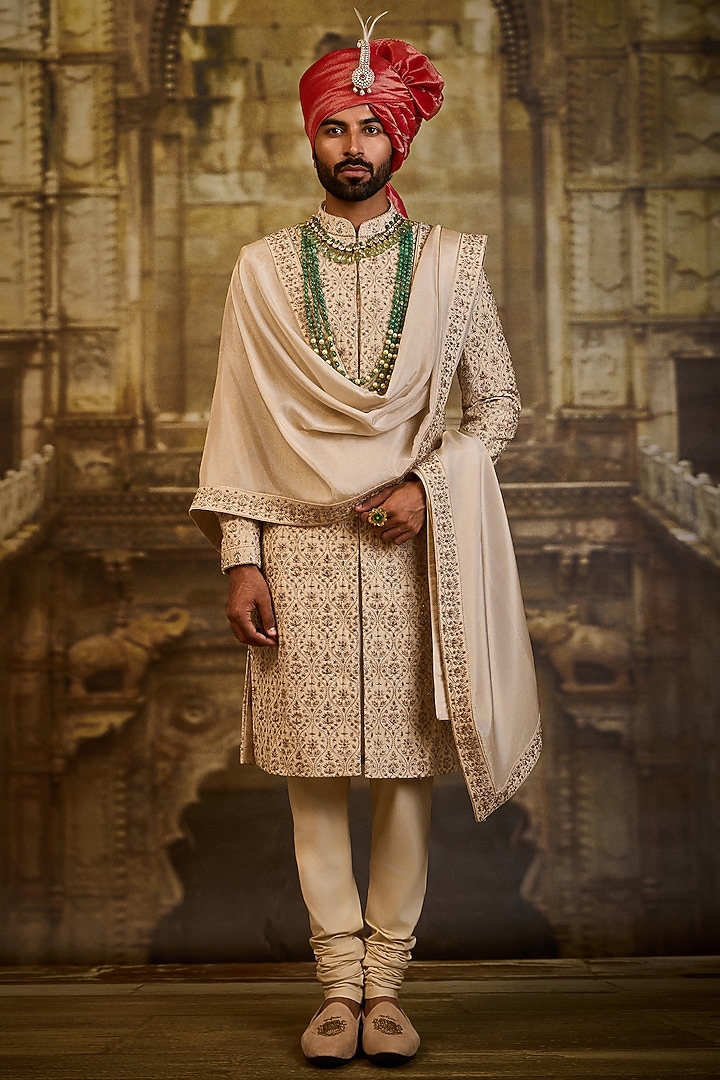 Light Beige Banarasi Silk Brocade Dabka Embroidered Sherwani Set by NITIKA GUJRAL MEN