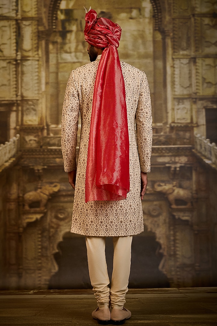 Light Beige Banarasi Silk Brocade Dabka Embroidered Groom Sherwani Set by NITIKA GUJRAL MEN at Pernia's Pop Up Shop