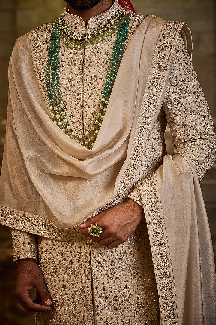 Light Beige Banarasi Silk Brocade Dabka Embroidered Groom Sherwani Set by NITIKA GUJRAL MEN at Pernia's Pop Up Shop