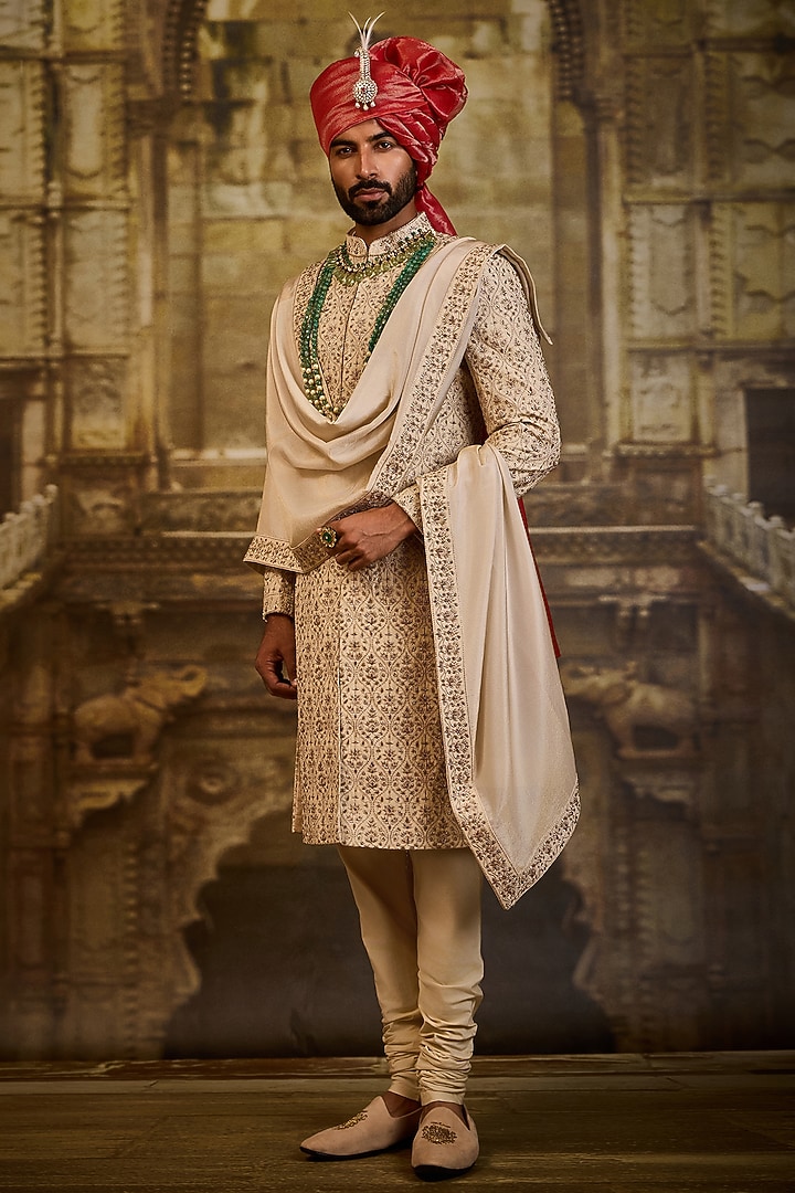 Light Beige Banarasi Silk Brocade Dabka Embroidered Groom Sherwani Set by NITIKA GUJRAL MEN at Pernia's Pop Up Shop