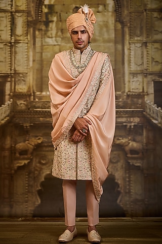 Ivory Brocade Dabka Embroidered Sherwani Set by NITIKA GUJRAL MEN