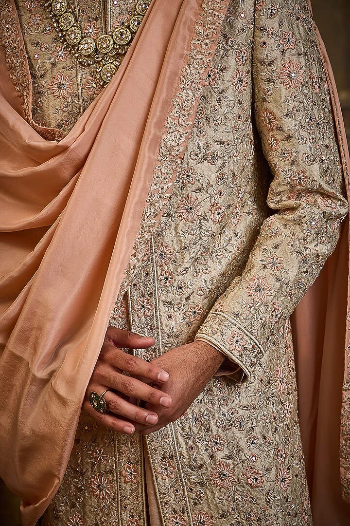 Ivory Brocade Dabka Embroidered Groom Sherwani Set by NITIKA GUJRAL MEN at Pernia's Pop Up Shop