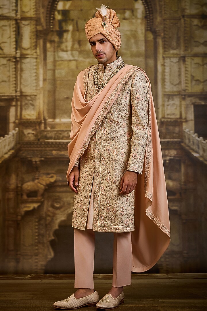 Ivory Brocade Dabka Embroidered Groom Sherwani Set by NITIKA GUJRAL MEN at Pernia's Pop Up Shop
