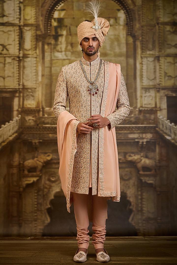 Peach Woven Brocade Dabka Embroidered Sherwani Set by NITIKA GUJRAL MEN