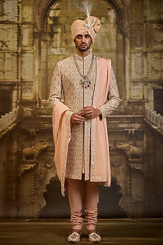 Peach Woven Brocade Dabka Embroidered Sherwani Set by NITIKA GUJRAL MEN
