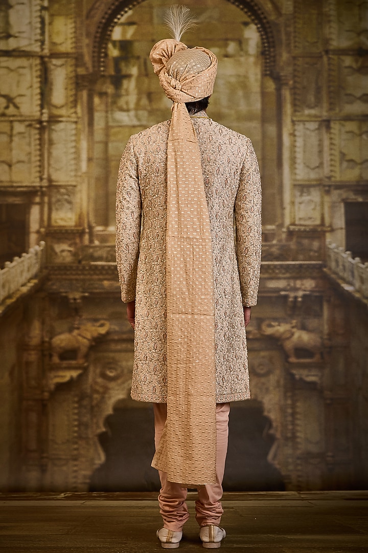 Peach Woven Brocade Dabka Embroidered Groom Sherwani Set by NITIKA GUJRAL MEN at Pernia's Pop Up Shop