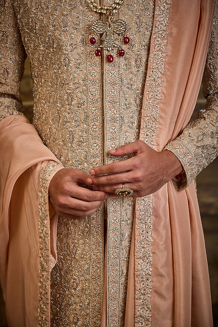 Peach Woven Brocade Dabka Embroidered Groom Sherwani Set by NITIKA GUJRAL MEN at Pernia's Pop Up Shop