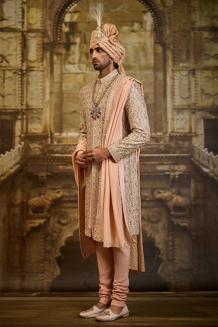 Peach Woven Brocade Dabka Embroidered Groom Sherwani Set by NITIKA GUJRAL MEN at Pernia's Pop Up Shop