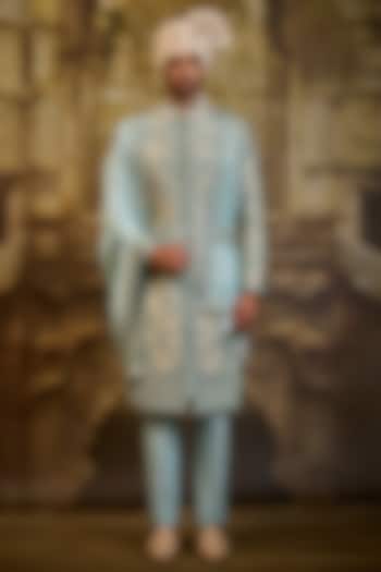 Aqua Blue Tissue Brocade Dabka Embroidered Sherwani Set by NITIKA GUJRAL MEN
