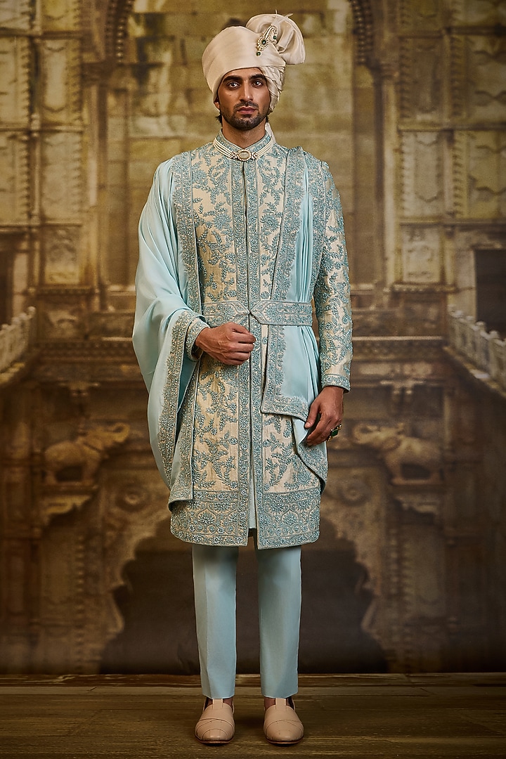 Aqua Blue Tissue Brocade Dabka Embroidered Sherwani Set by NITIKA GUJRAL MEN