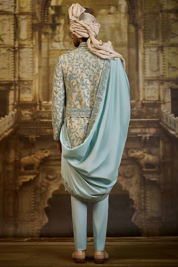 Aqua Blue Tissue Brocade Dabka Embroidered Groom Sherwani Set by NITIKA GUJRAL MEN at Pernia's Pop Up Shop