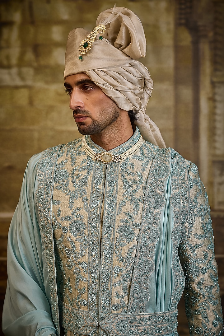 Aqua Blue Tissue Brocade Dabka Embroidered Groom Sherwani Set by NITIKA GUJRAL MEN at Pernia's Pop Up Shop