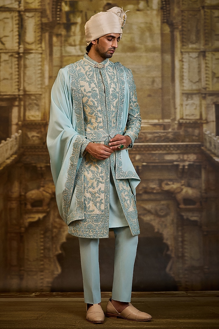 Aqua Blue Tissue Brocade Dabka Embroidered Groom Sherwani Set by NITIKA GUJRAL MEN at Pernia's Pop Up Shop