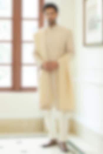 Peach Dupion Silk Beadwork Groom Sherwani Set by NITIKA GUJRAL MEN at Pernia's Pop Up Shop