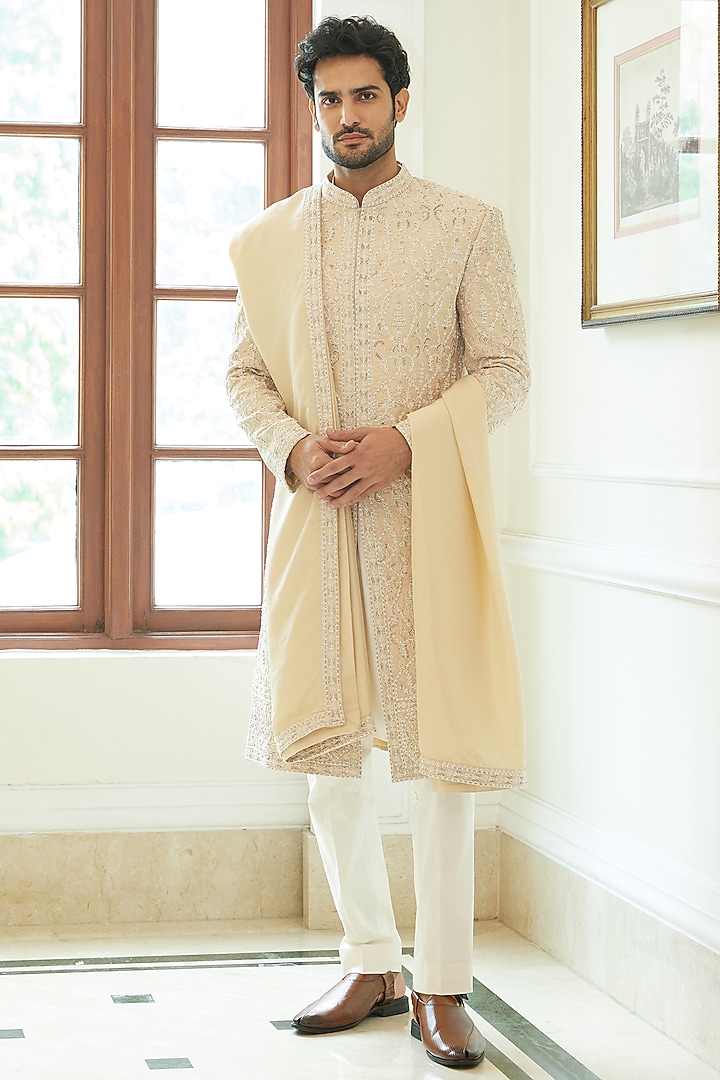 Peach Dupion Silk Beadwork Groom Sherwani Set by NITIKA GUJRAL MEN at Pernia's Pop Up Shop